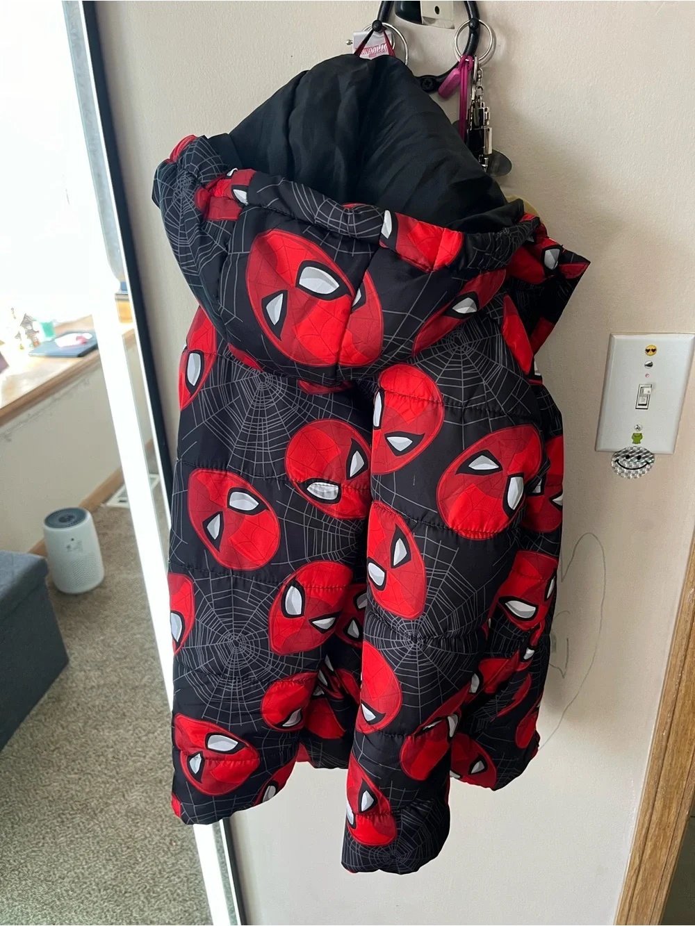 Marvel Black Puffer Jacket with Red Spider-Man Face Print